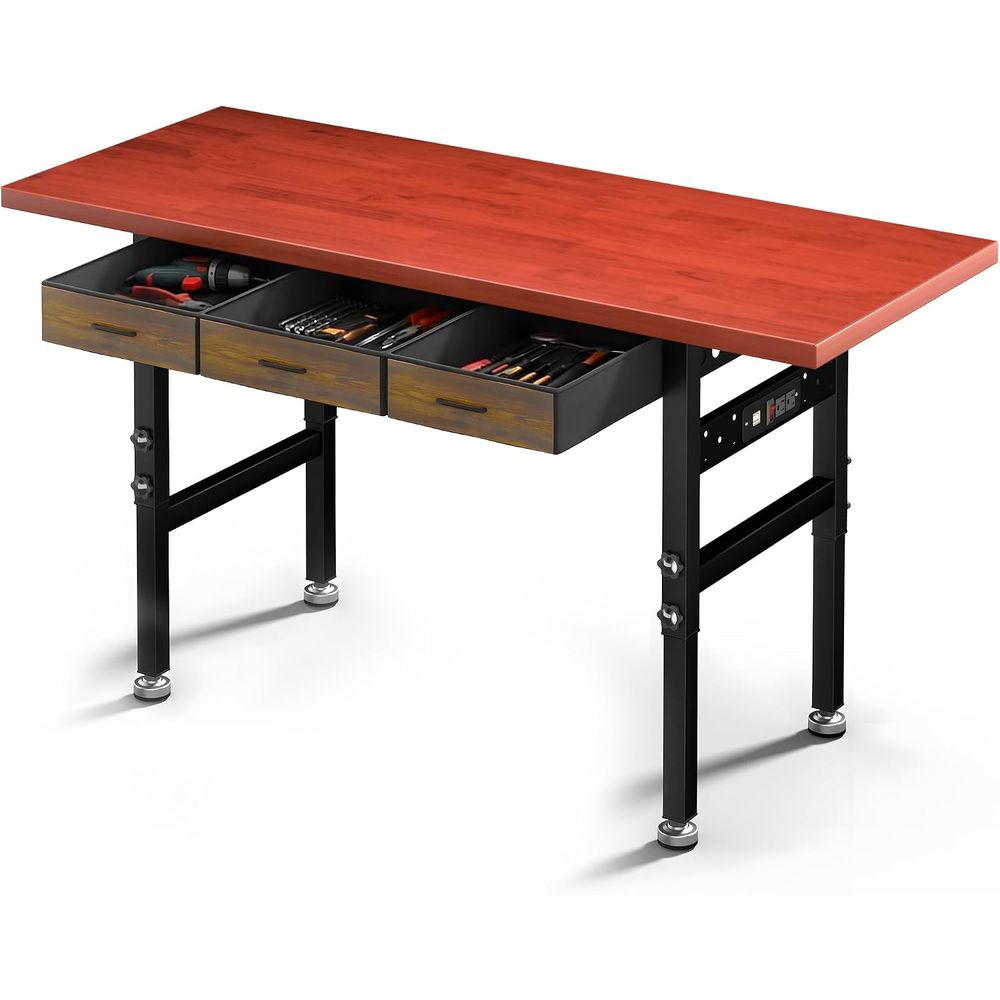 Woodworking Work Table - 60インチの高さ調節可能なワークベンチデスク、デスクトップ、電源コンセント、ラバーウッドトップ付き、頑丈な作業台、耐荷重2000ポンド、ワークテーブル