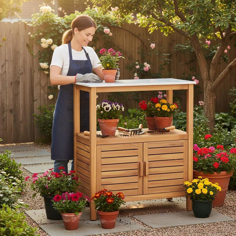 Woodworking Work Table - 屋外用植木鉢置き台 アカシア材 ガーデンポッティングテーブル 植栽作業台 ルーバー付き扉付き