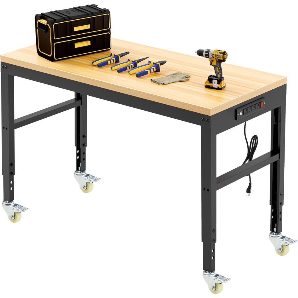 Woodworking Work Table - 調整可能な作業台、頑丈な木製作業台、耐荷重2000ポンド、電源コンセントと車輪付き作業台（ガレージ用）