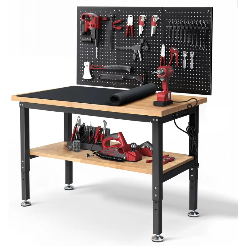 Woodworking Work Table - ガレージ用作業台 高さ調節可能 ラバーウッド天板 作業台 収納付き ワークベンチ