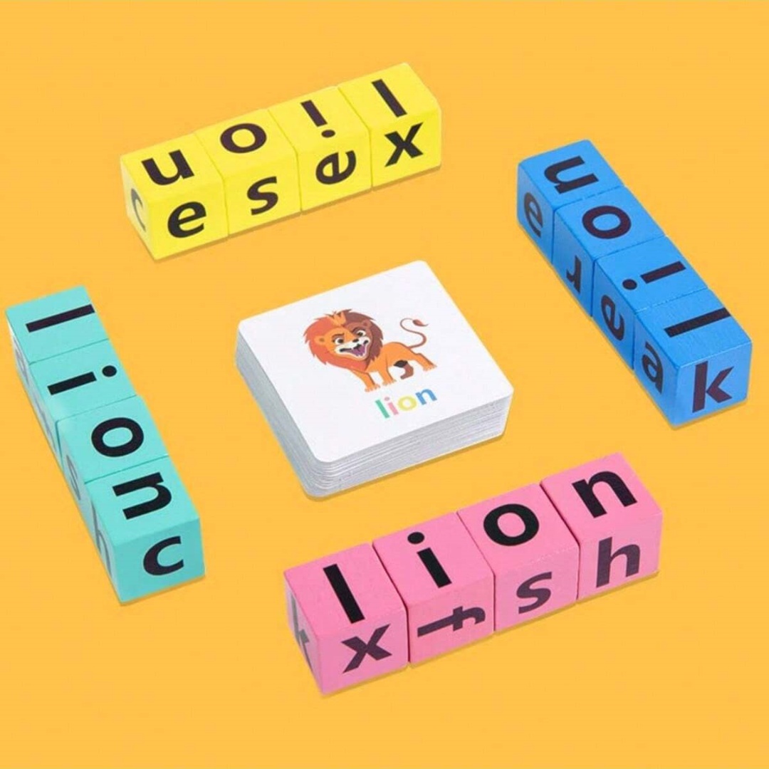 Woodworking Kids Toys - 子供用アルファベットスペルボードゲーム、16文字ブロック+40枚の単語カード、家族向け英語啓発教育玩具、家族の集まりやギフトに最適。