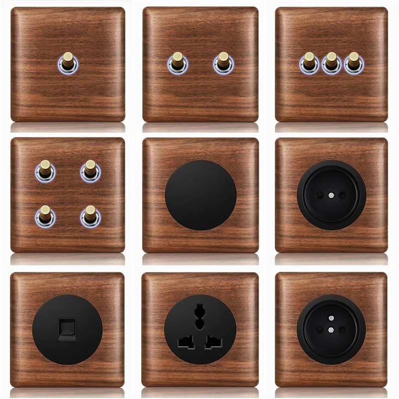 Woodworking Zone - T & i-ウッドプラグ付き埋め込み電源コンセント,86x86mmウォールパネルアダプター,2つのボタン