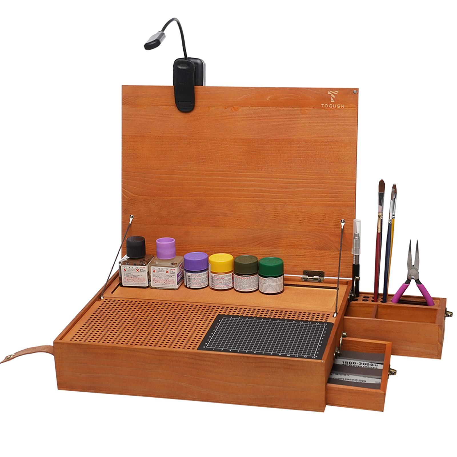 Woodworking Work Table - 模型製作用の趣味の作業台、カッティングマット付きポータブルオーガナイザー、研磨、着色、模型製作用のライト付き作業台