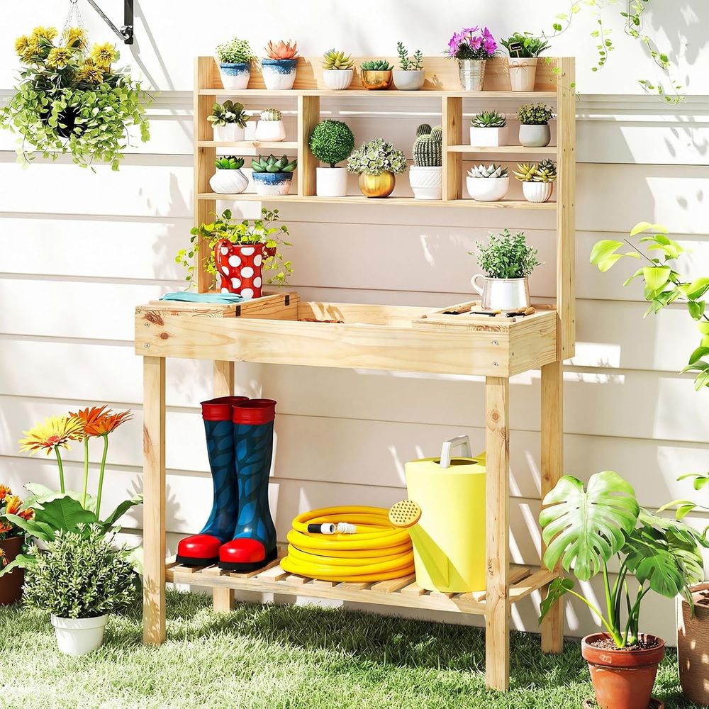 Woodworking Work Table - ポッティングベンチテーブル、60インチ木製ガーデンワークベンチワークステーション、収納付き、リップアップテーブルトップ、棚と吊り下げフック、屋外ガーデン用