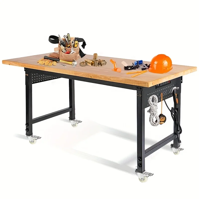 Woodworking Work Table - 新入荷 調節可能なキャスター付き作業台、長さ60インチ x 幅22インチ、耐荷重2000ポンドの頑丈なローリングワークテーブル、電源付きラバーウッドステーション