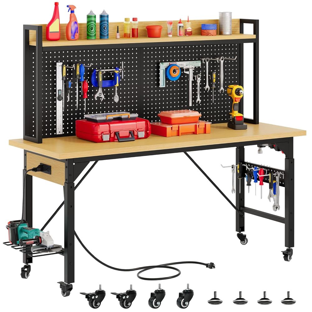 Woodworking Work Table - 60インチヘビーデューティーワークベンチ（ペグボード＆ホイール付き、高さ調整可能な作業台） | 木製天板、移動式作業台、AC/USBコンセント、フック、ラック