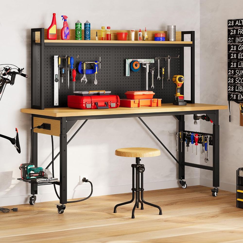 60インチヘビーデューティーワークベンチ（ペグボード＆ホイー - Woodworking Work Table のレビューと価格